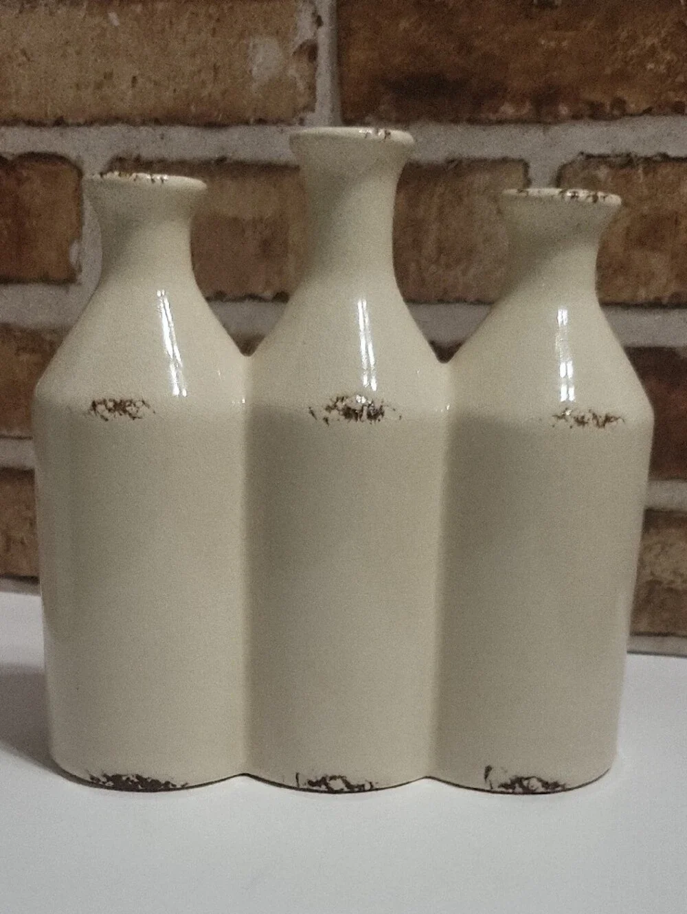 Cost Plus World Market Cream Triple Bottle Ceramic Vase
